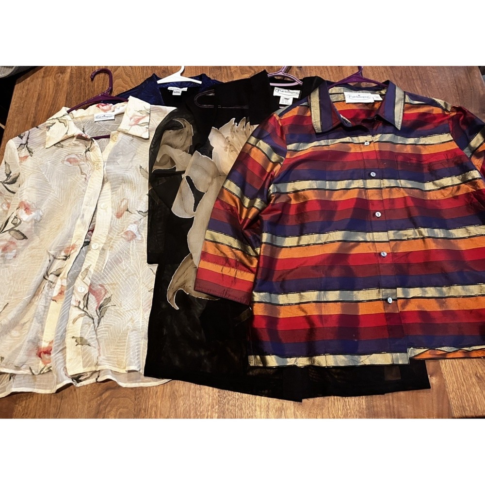 Patchington Blouse Lot‎ Medium Large Vintage Striped Solid Sheer Button Up (4)